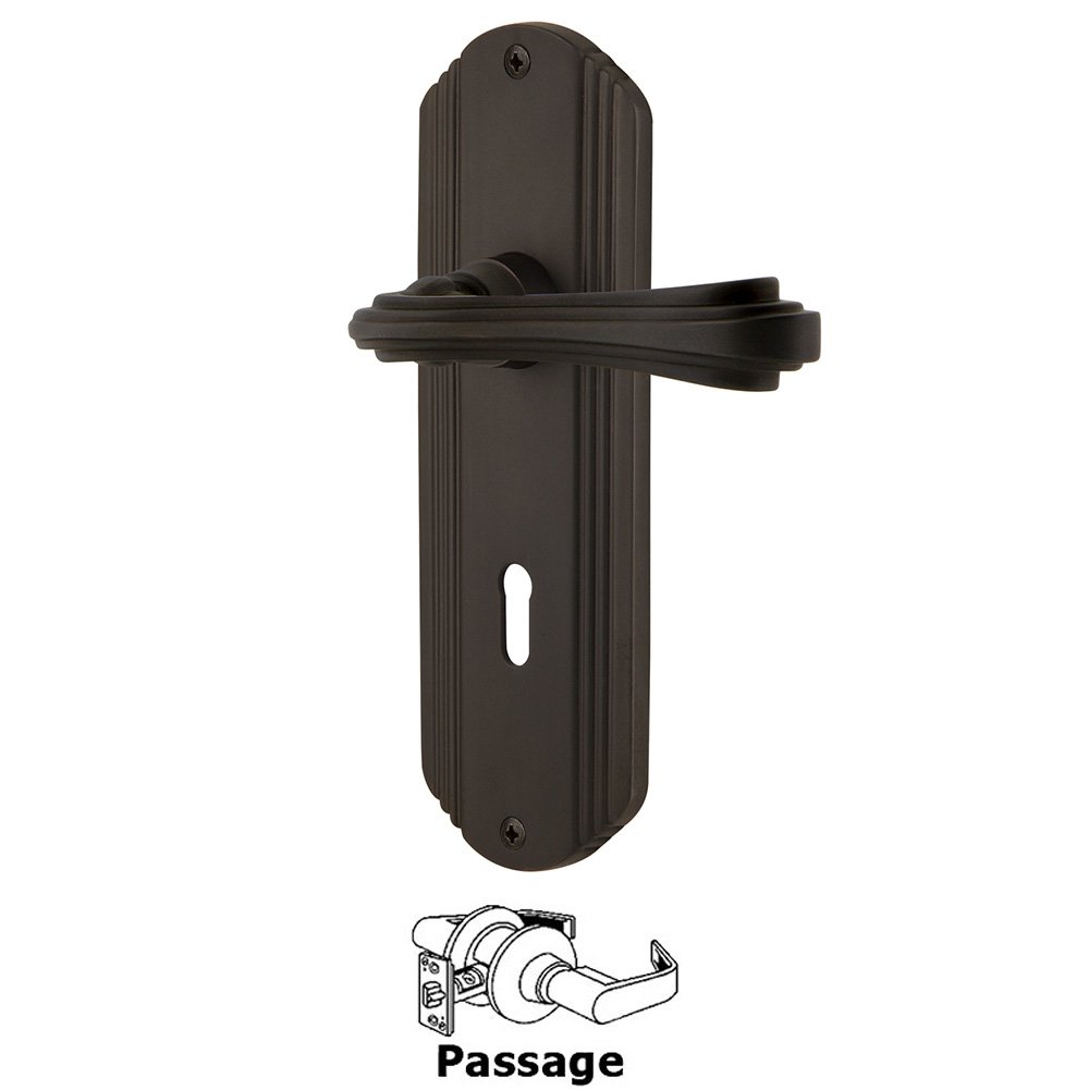 Deco Plate Passage with Keyhole and  Fleur Lever in Oil-Rubbed Bronze