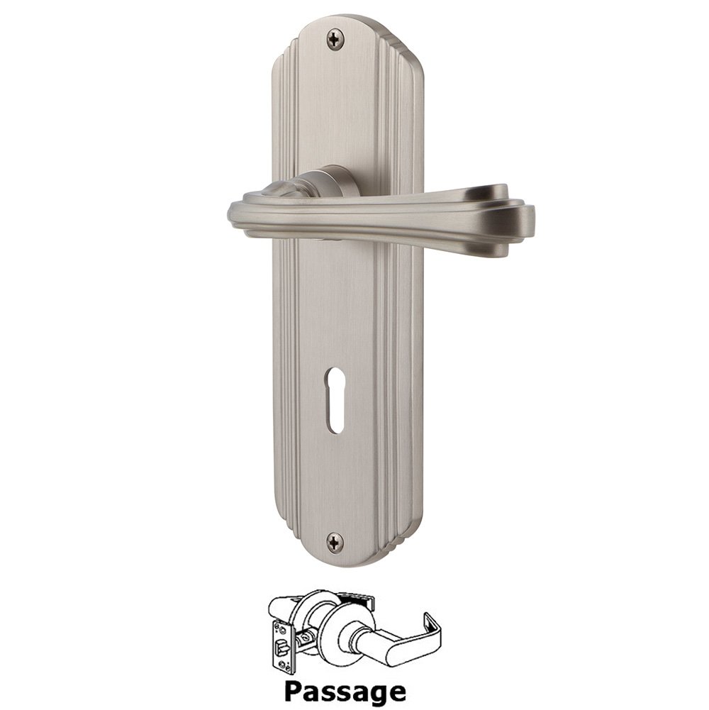Deco Plate Passage with Keyhole and  Fleur Lever in Satin Nickel