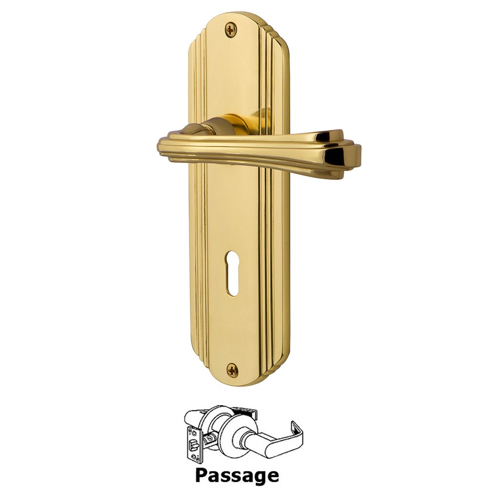 Deco Plate Passage with Keyhole and  Fleur Lever in Unlacquered Brass