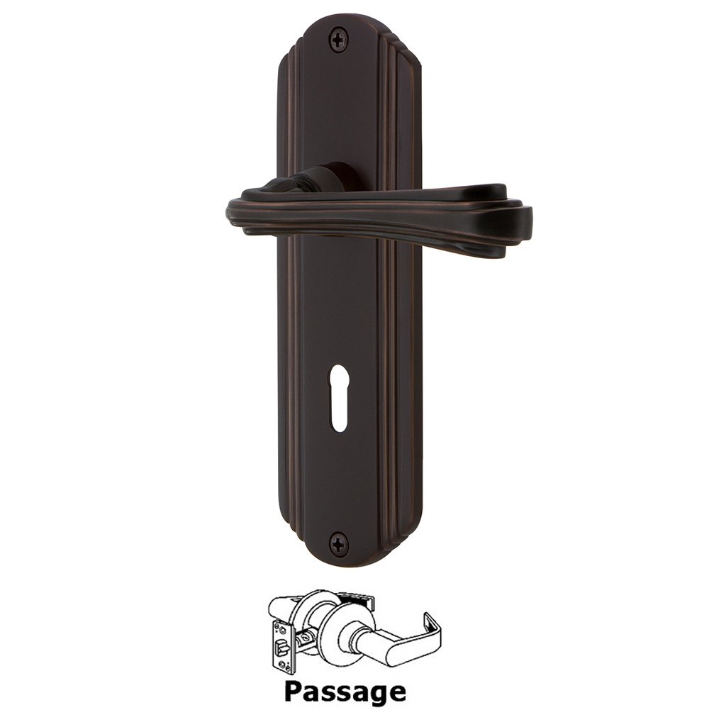 Deco Plate Passage with Keyhole and  Fleur Lever in Timeless Bronze