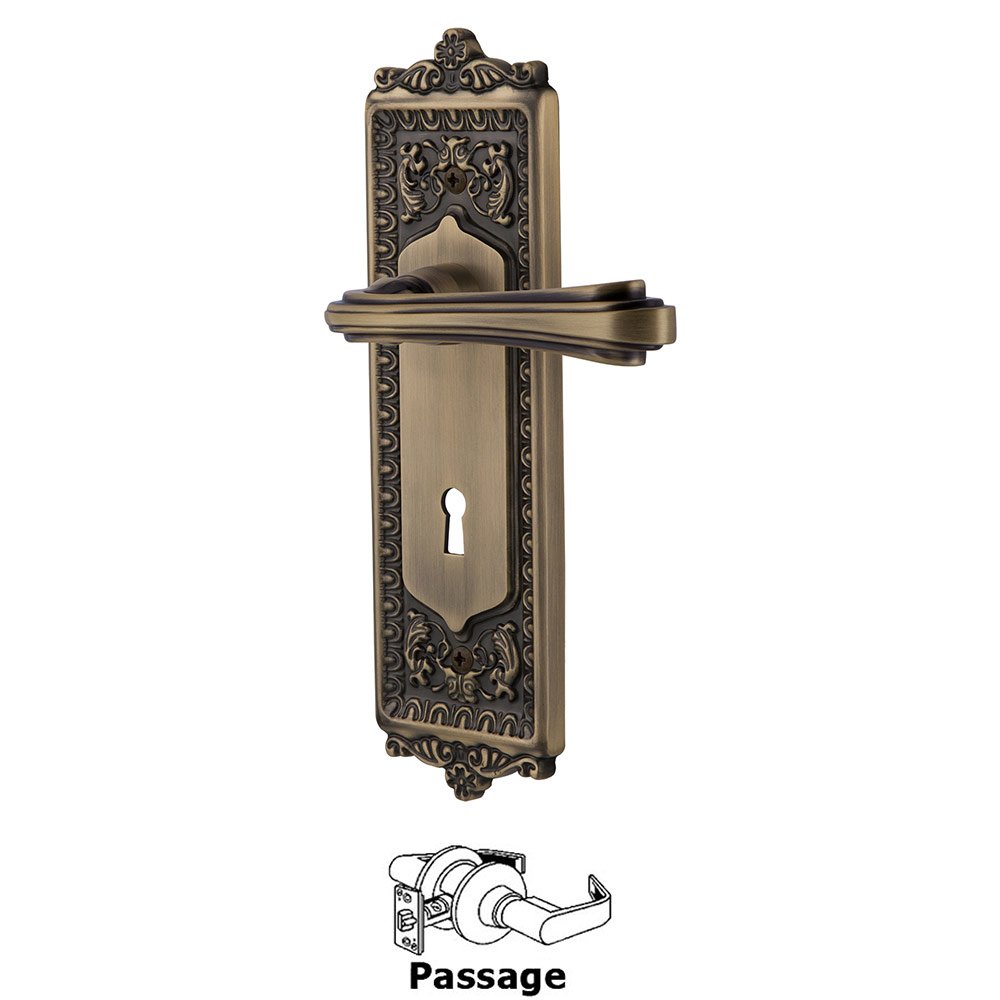 Egg & Dart Plate Passage with Keyhole and  Fleur Lever in Antique Brass