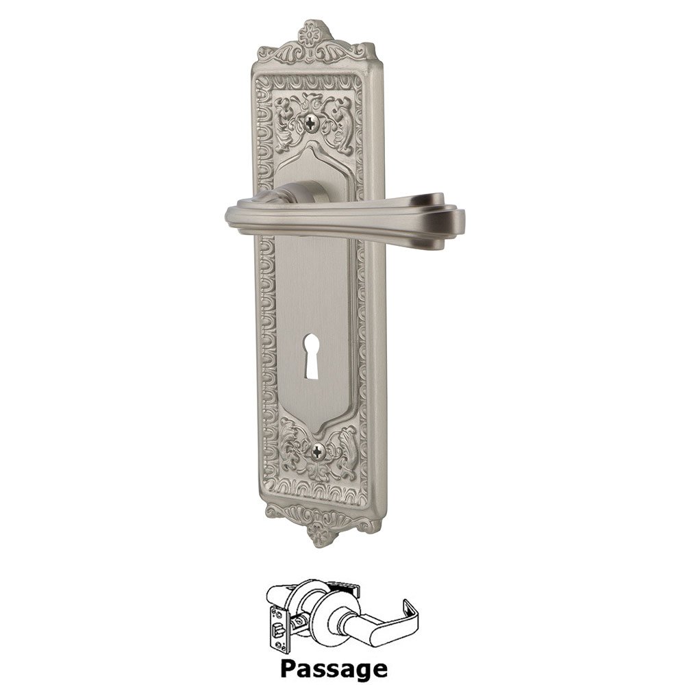 Egg & Dart Plate Passage with Keyhole and  Fleur Lever in Satin Nickel
