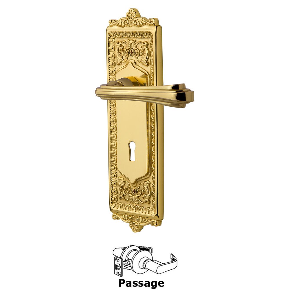 Egg & Dart Plate Passage with Keyhole and  Fleur Lever in Unlacquered Brass