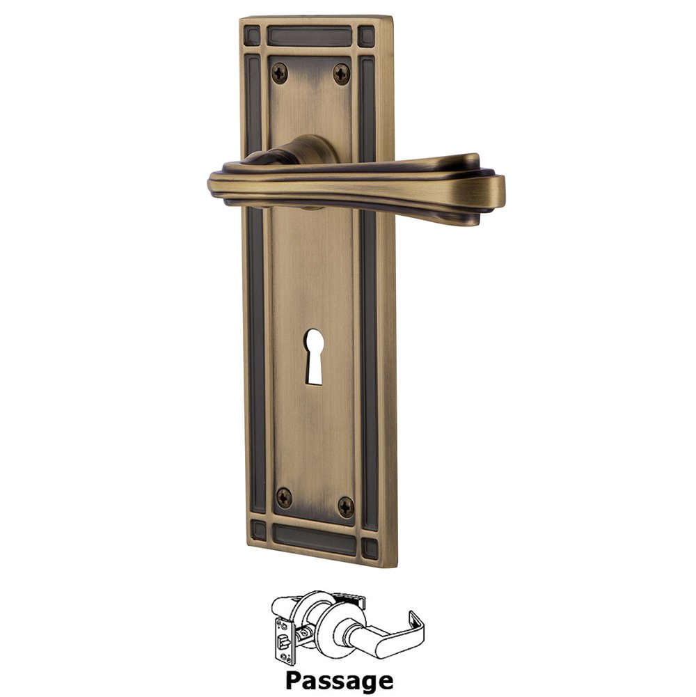 Mission Plate Passage with Keyhole and  Fleur Lever in Antique Brass