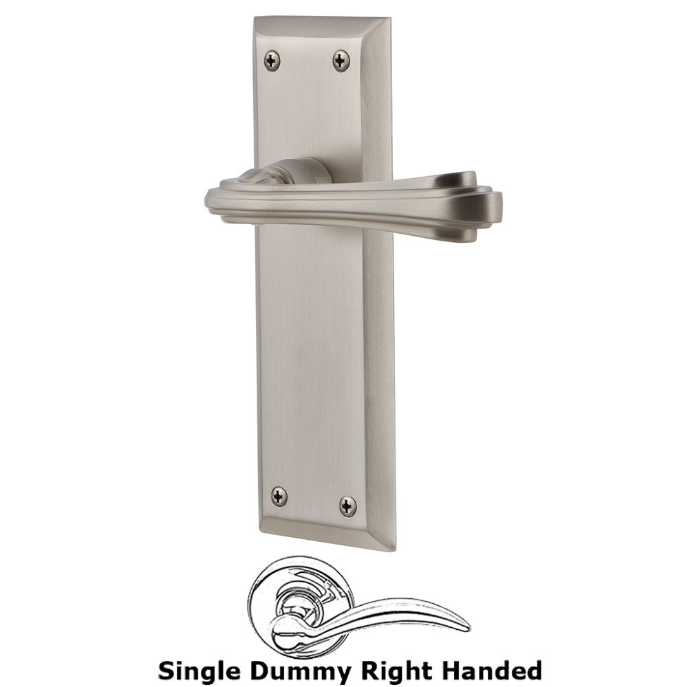 New York Plate Single Dummy Right Handed Fleur Lever in Satin Nickel