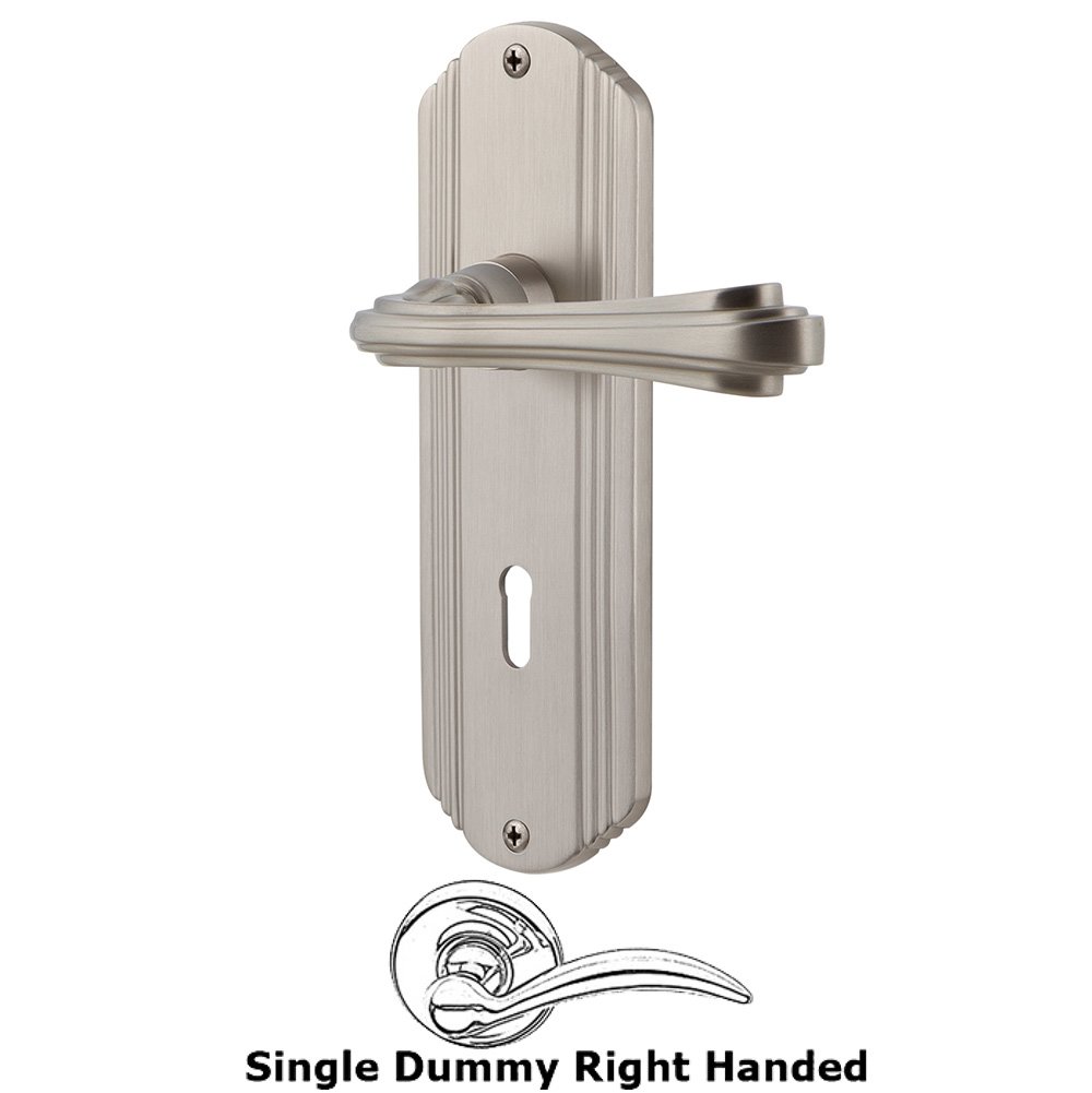 Deco Plate Single Dummy with Keyhole Right Handed Fleur Lever in Satin Nickel