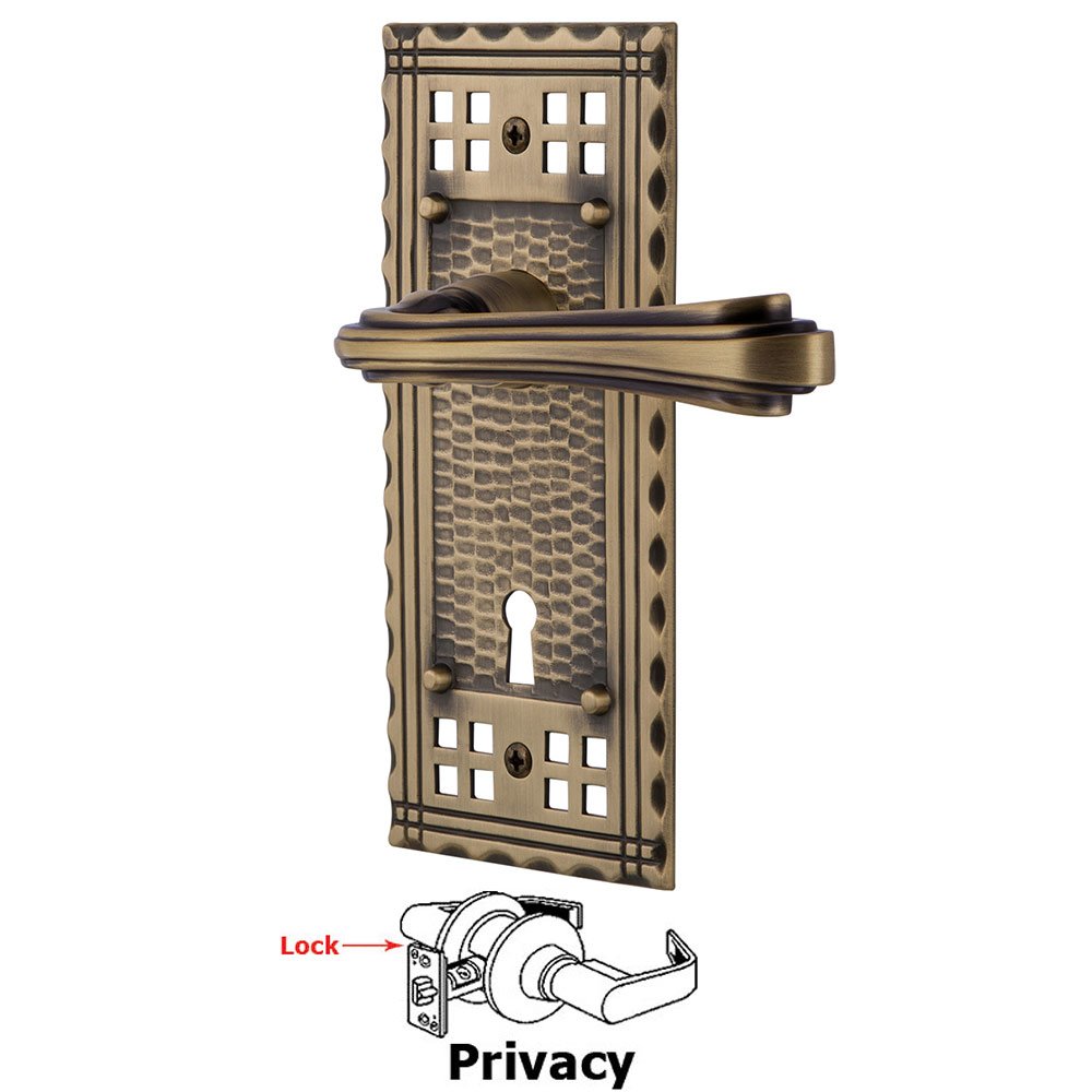 Craftsman Plate Privacy with Keyhole and  Fleur Lever in Antique Brass