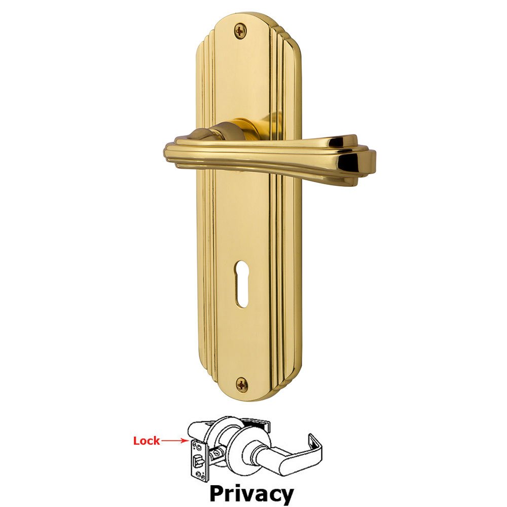 Deco Plate Privacy with Keyhole and  Fleur Lever in Unlacquered Brass