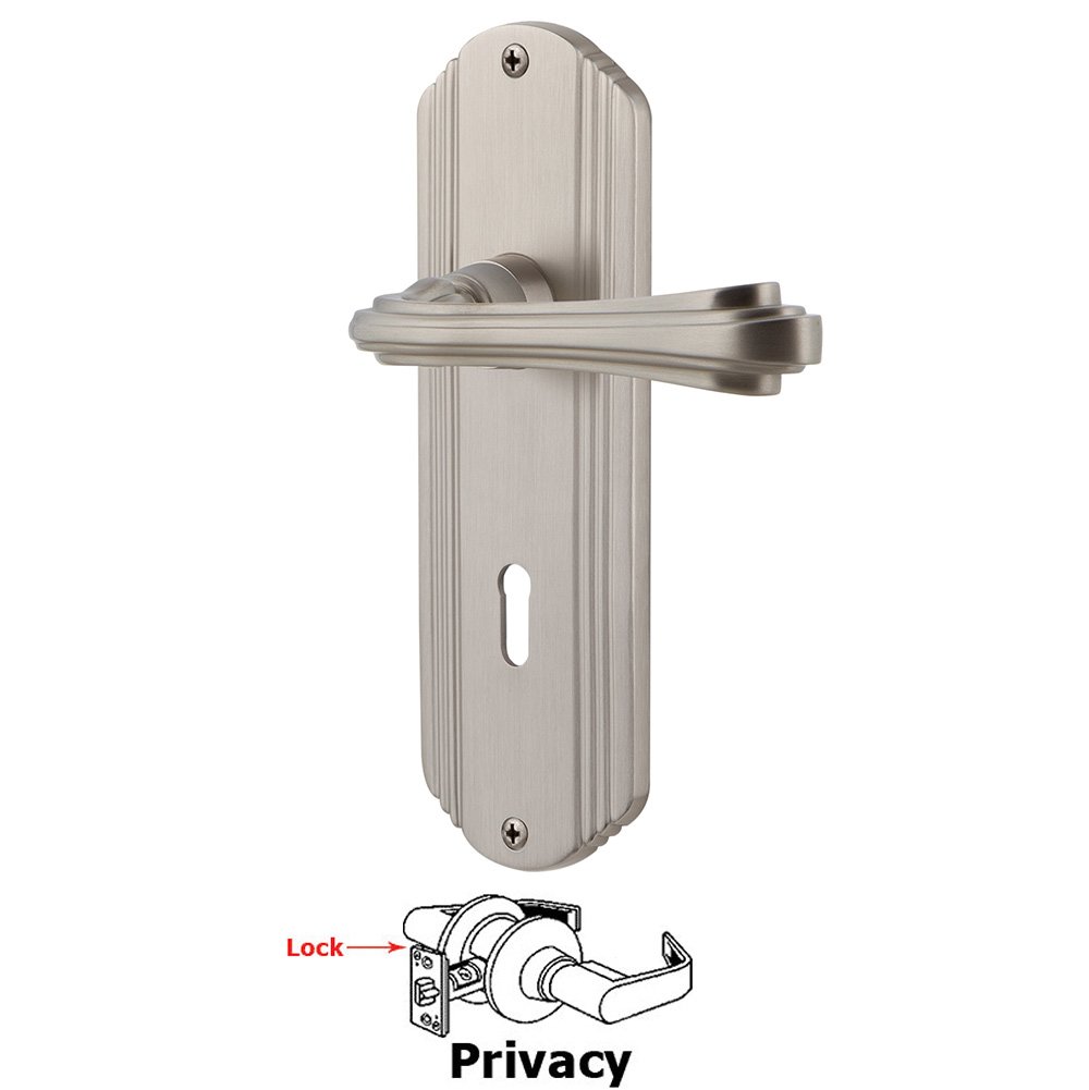 Deco Plate Privacy with Keyhole and  Fleur Lever in Satin Nickel