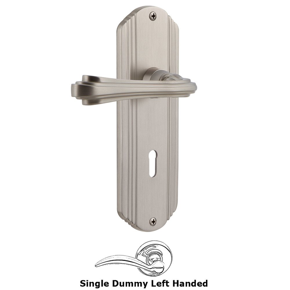 Deco Plate Single Dummy with Keyhole Left Handed Fleur Lever in Satin Nickel
