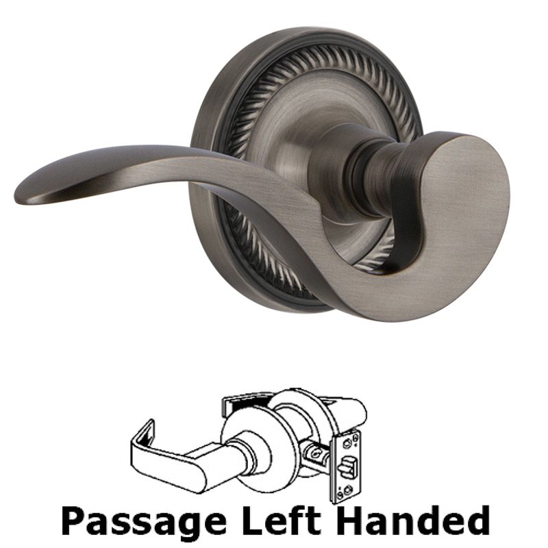 Rope Rose Passage Left Handed Manor Lever in Antique Pewter
