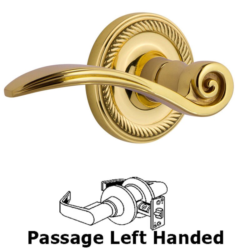 Rope Rose Passage Left Handed Swan Lever in Polished Brass