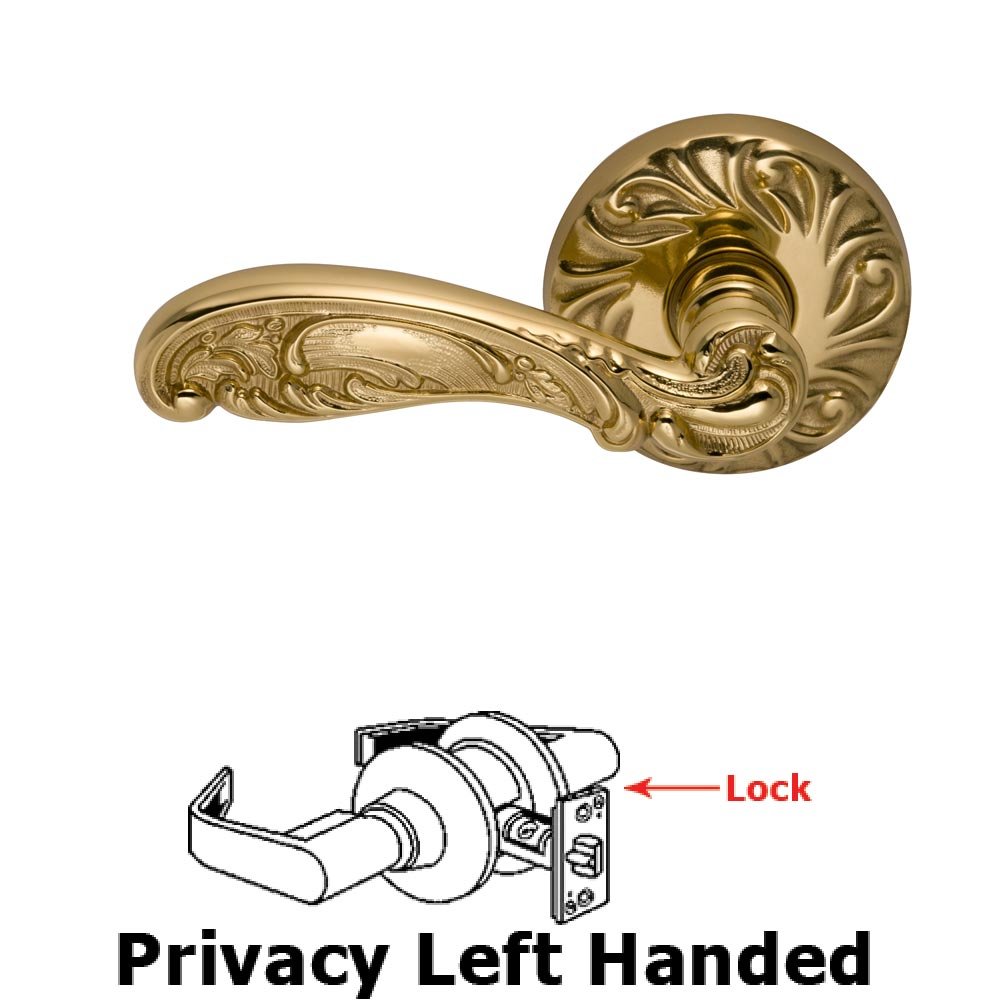 Privacy Carved Left Handed Lever with Carved Rosette in Polished Brass Lacquered