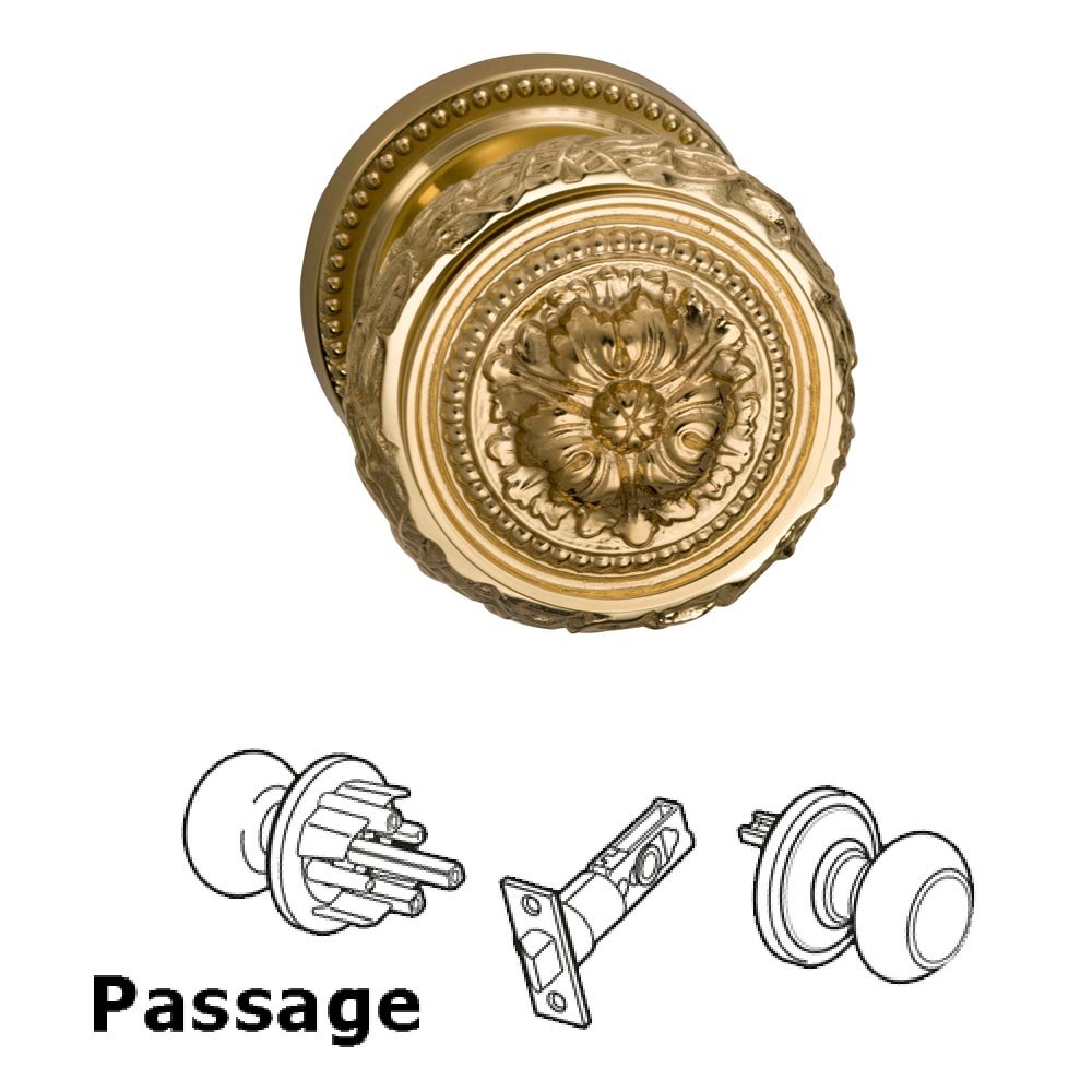 Passage Latchset Ornate Floral Edge Knob with Beaded Rosette in Polished Brass Lacquered