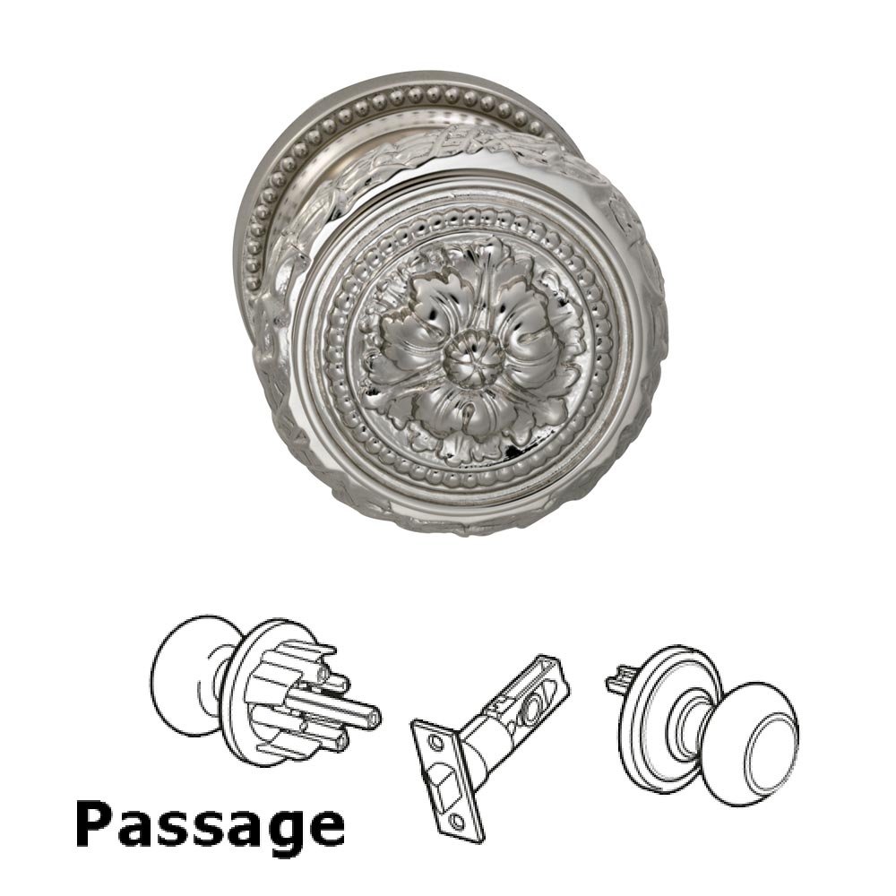Passage Latchset Ornate Floral Edge Knob with Beaded Rosette in Polished Nickel Lacquered