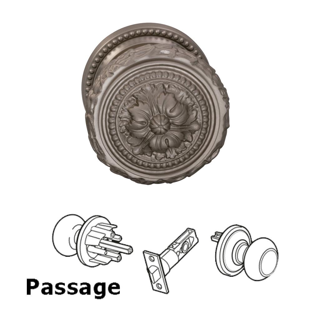 Passage Latchset Ornate Floral Edge Knob with Beaded Rosette in Satin Nickel Lacquered