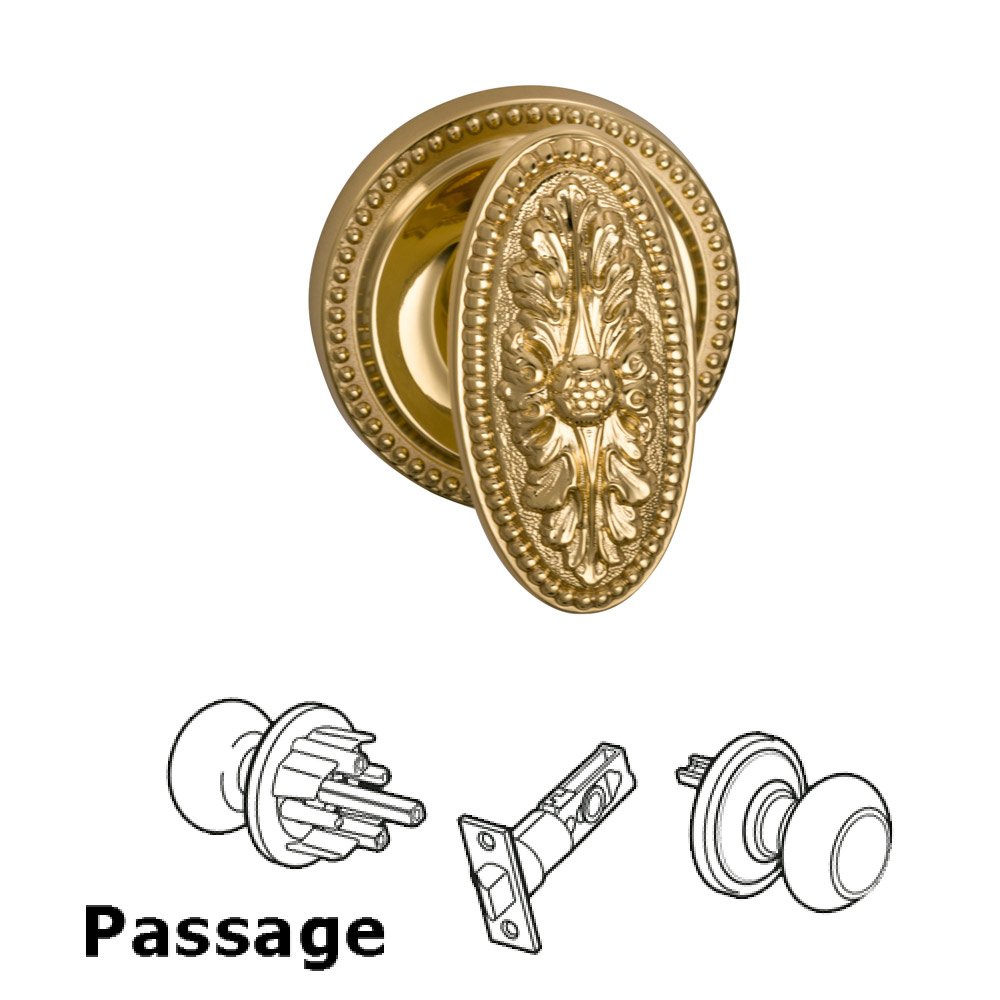 Passage Latchset Ornate Oval Knob with Beaded Rosette in Polished Brass Lacquered