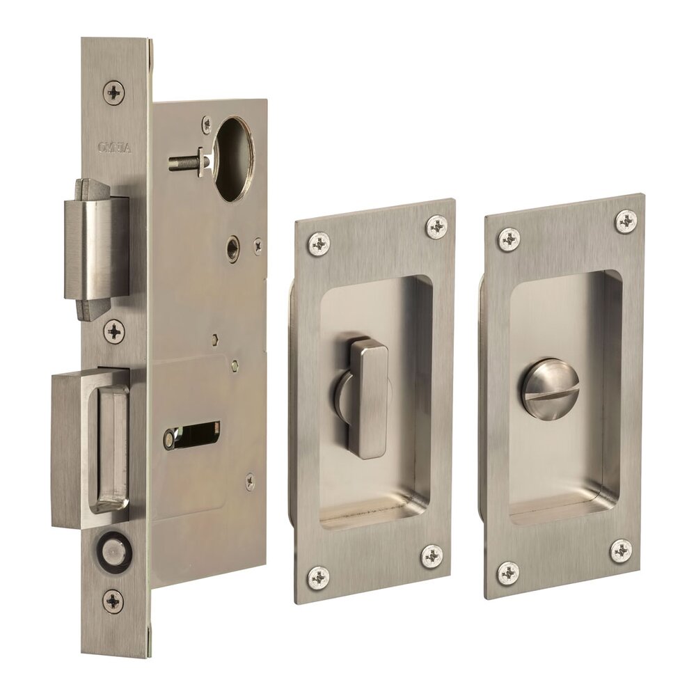 Small Modern Rectangle Privacy Pocket Door Mortise Lock with Exposed Screws in Satin Stainless Steel