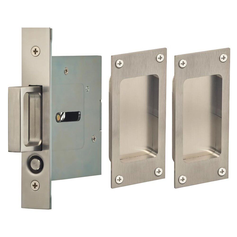 Small Modern Rectangle Passage Pocket Door Mortise Hardware with Exposed Screws in Satin Stainless Steel
