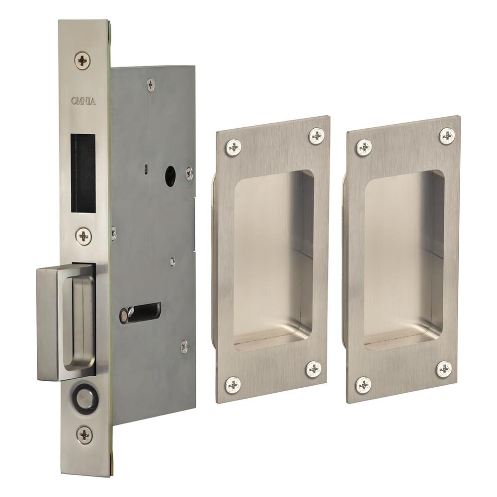Small Modern Rectangle Dummy Pair Pocket Door Mortise Hardware with Exposed Screws in Satin Stainless Steel