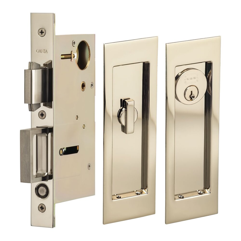 Large Modern Rectangular Keyed Pocket Door Mortise Lock in Polished Polished Nickel Lacquered