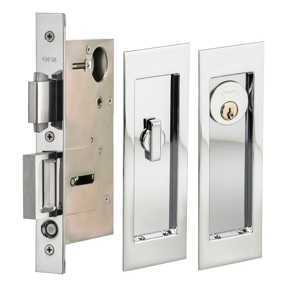 Large Modern Rectangular Keyed Pocket Door Mortise Lock in Polished Chrome