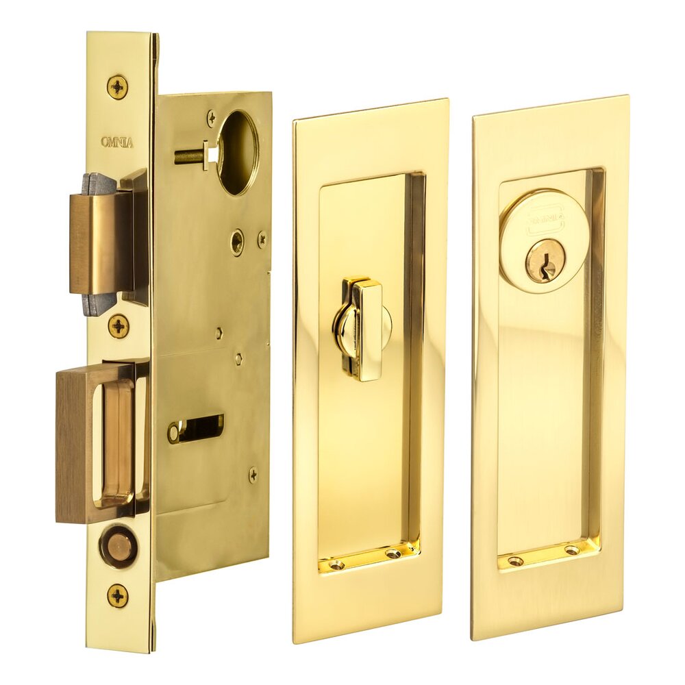 Large Modern Rectangular Keyed Pocket Door Mortise Lock in Polished Brass Unlacquered