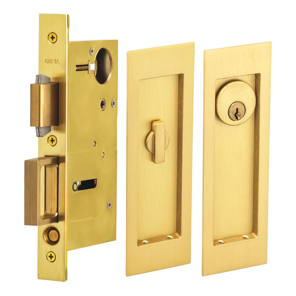 Large Modern Rectangular Keyed Pocket Door Mortise Lock in Satin Brass Lacquered