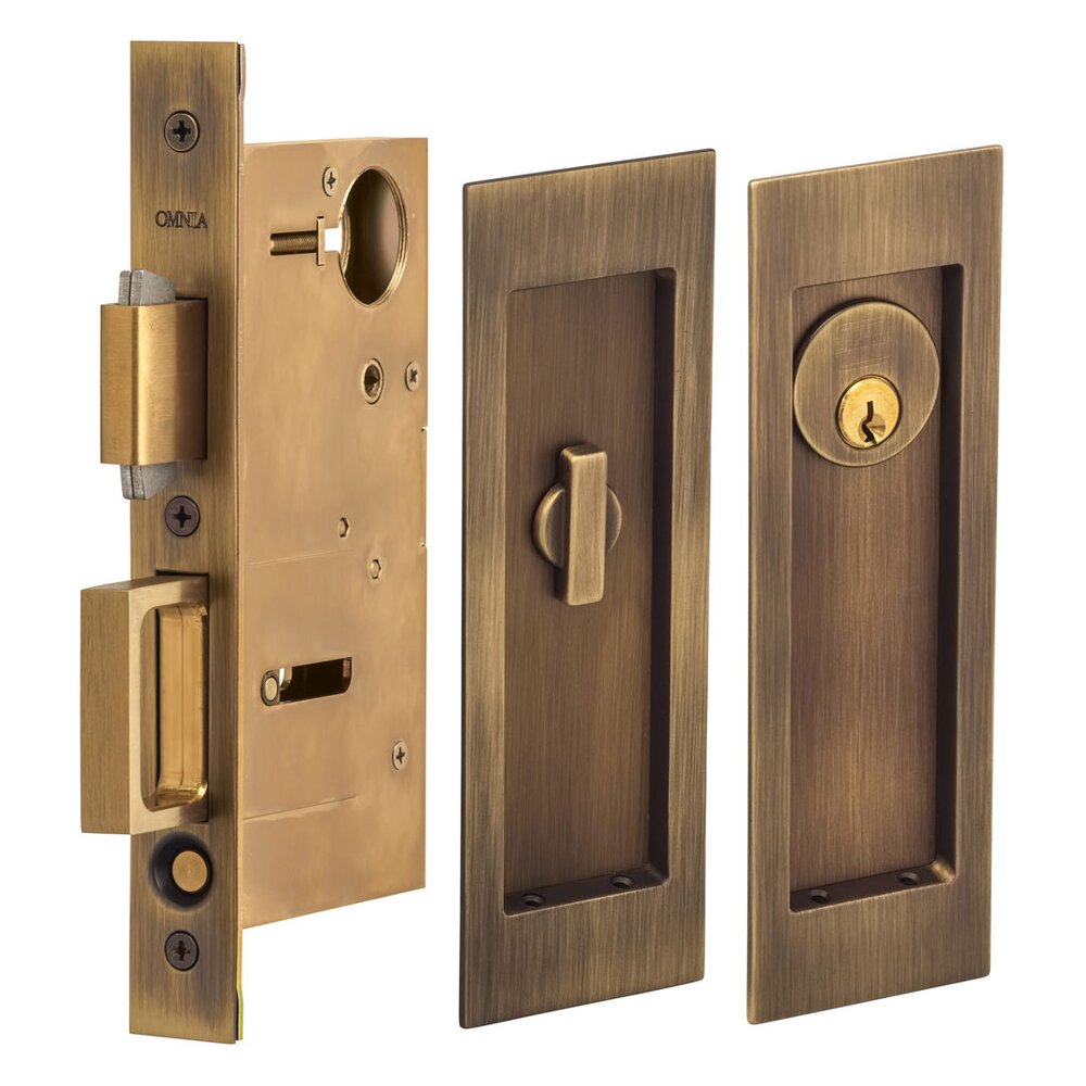 Large Modern Rectangular Keyed Pocket Door Mortise Lock in Antique Brass Lacquered