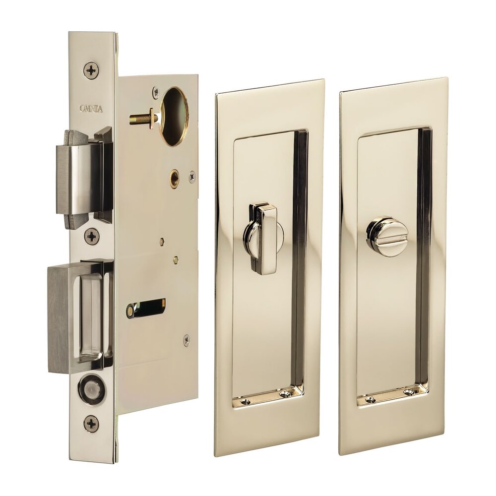 Large Modern Rectangle Privacy Pocket Door Mortise Lock in Polished Polished Nickel Lacquered