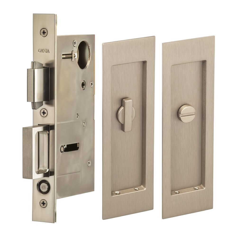 Large Modern Rectangle Privacy Pocket Door Mortise Lock in Satin Nickel Lacquered