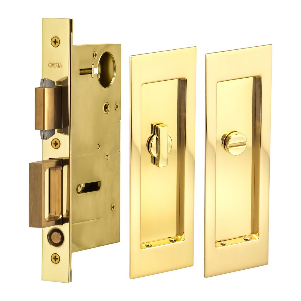Large Modern Rectangle Privacy Pocket Door Mortise Lock in Polished Brass Lacquered