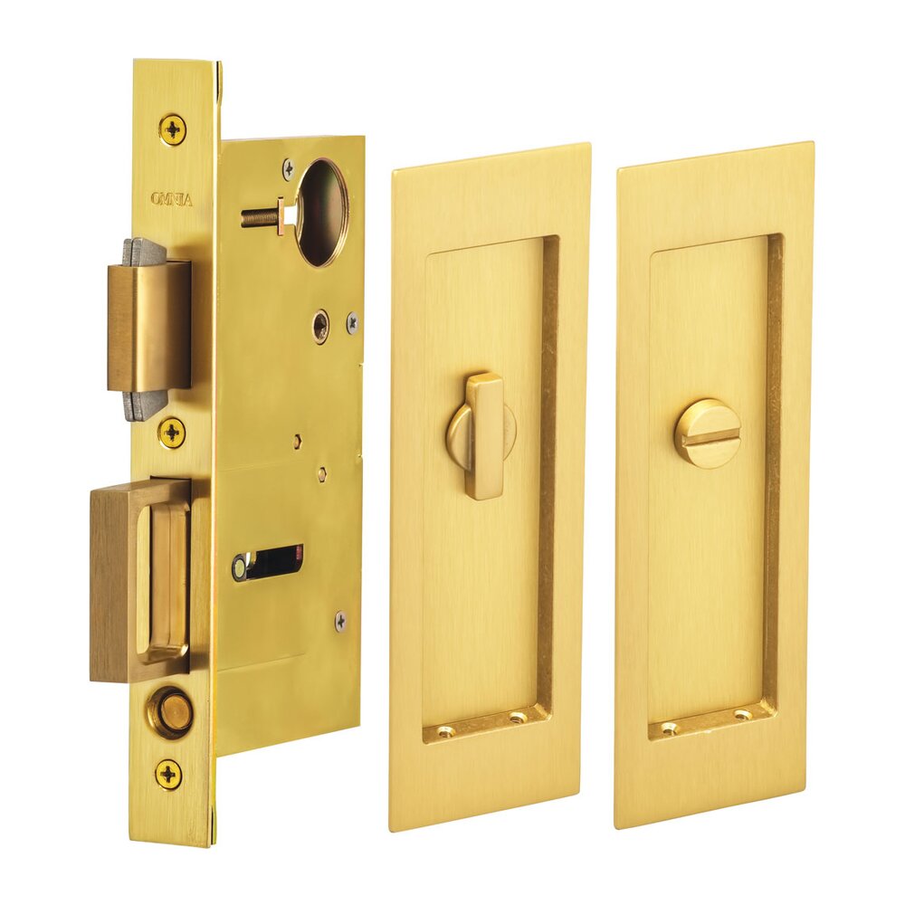 Large Modern Rectangle Privacy Pocket Door Mortise Lock in Satin Brass Lacquered