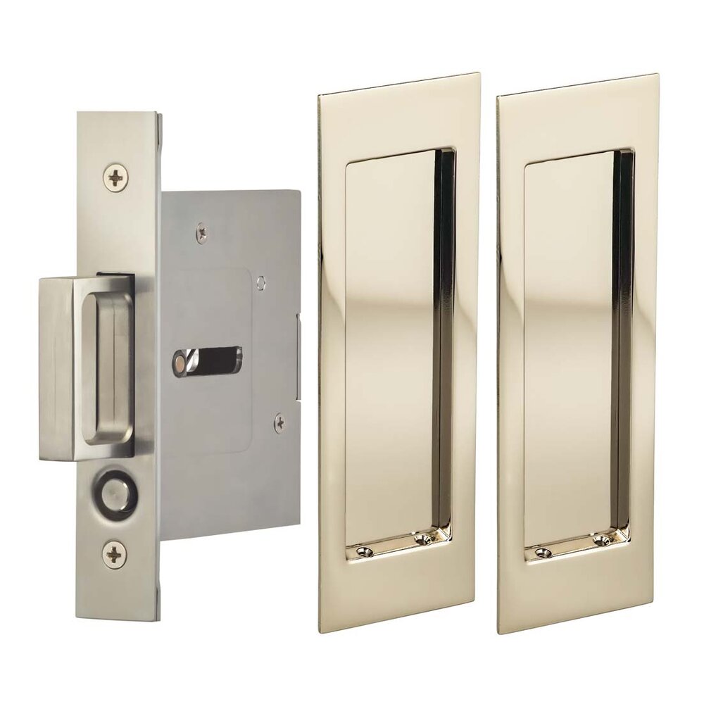 Large Modern Rectangle Passage Pocket Door Mortise Hardware in Polished Polished Nickel Lacquered