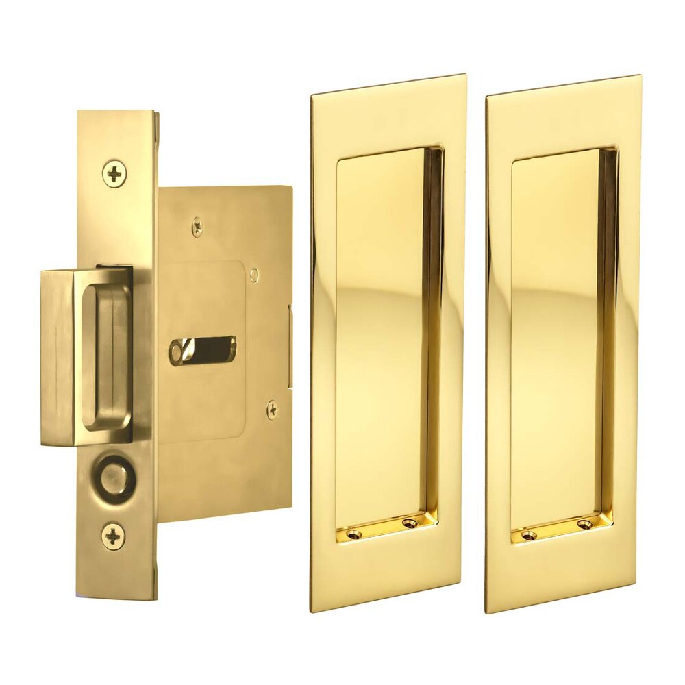 Large Modern Rectangle Passage Pocket Door Mortise Hardware in Polished Brass Unlacquered