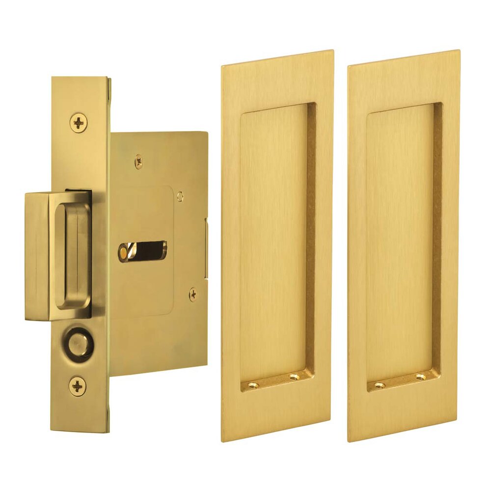 Large Modern Rectangle Passage Pocket Door Mortise Hardware in Satin Brass Lacquered