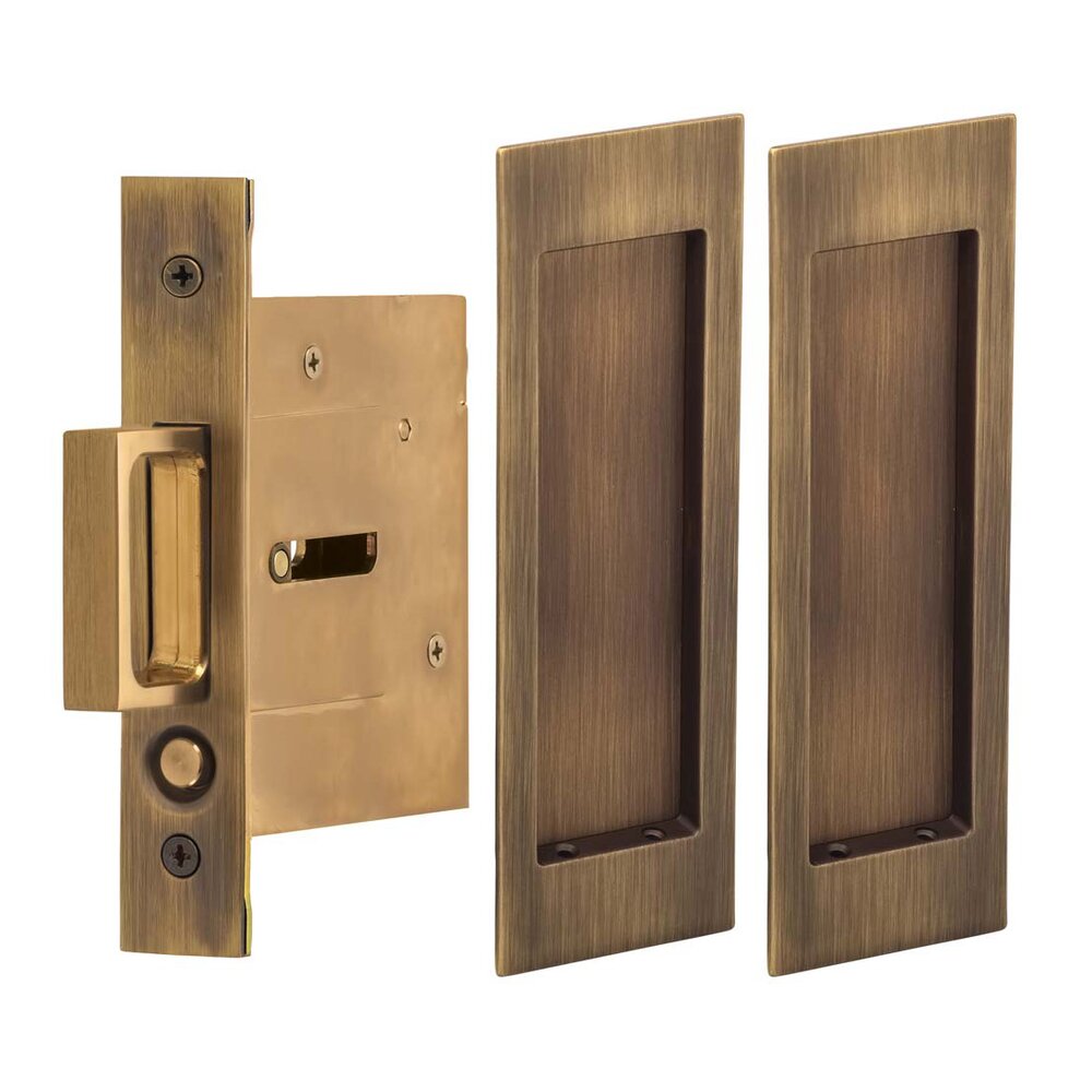Large Modern Rectangle Passage Pocket Door Mortise Hardware in Antique Brass Lacquered