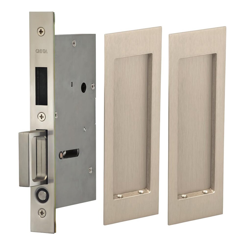 Large Modern Rectangle Dummy Pair Pocket Door Mortise Hardware in Satin Nickel Lacquered