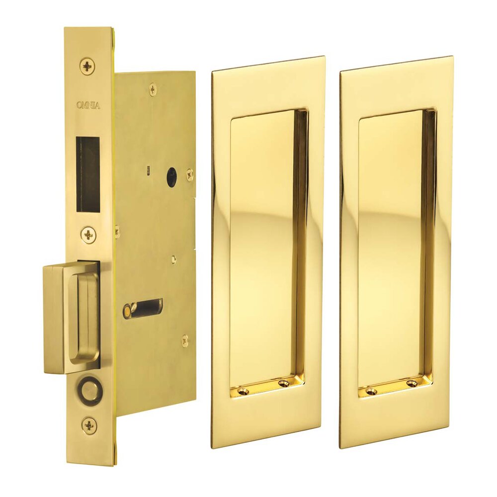 Large Modern Rectangle Dummy Pair Pocket Door Mortise Hardware in Polished Brass Lacquered