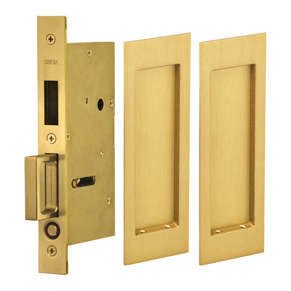 Large Modern Rectangle Dummy Pair Pocket Door Mortise Hardware in Satin Brass Lacquered