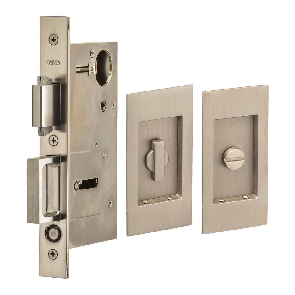 Small Modern Rectangle Privacy Pocket Door Mortise Lock in Satin Nickel Lacquered