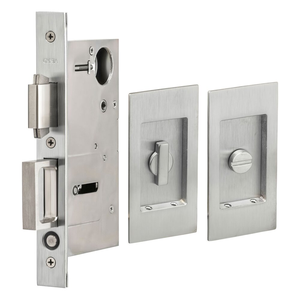Small Modern Rectangle Privacy Pocket Door Mortise Lock in Satin Chrome