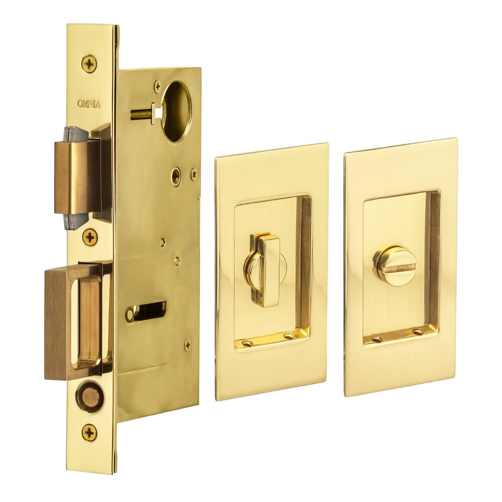 Small Modern Rectangle Privacy Pocket Door Mortise Lock in Polished Brass Lacquered