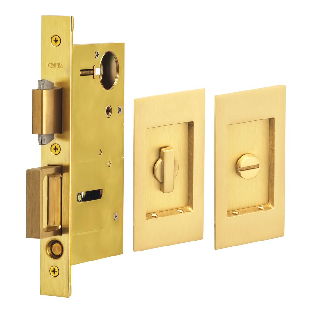 Small Modern Rectangle Privacy Pocket Door Mortise Lock in Satin Brass Lacquered