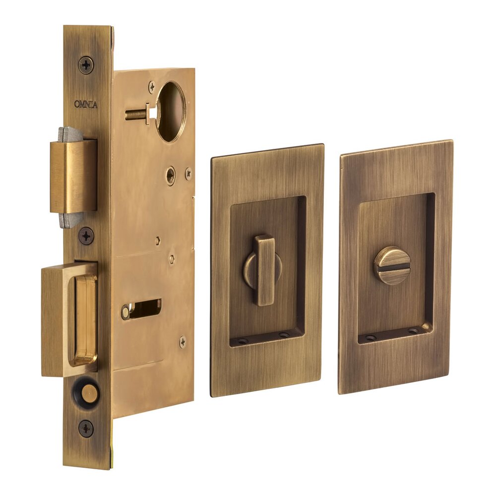 Small Modern Rectangle Privacy Pocket Door Mortise Lock in Antique Brass Lacquered