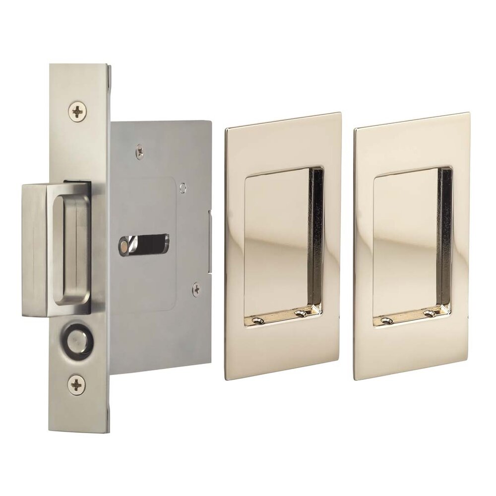 Small Modern Rectangle Passage Pocket Door Mortise Hardware in Polished Polished Nickel Lacquered