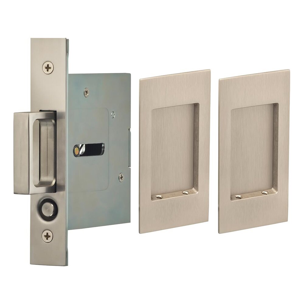 Small Modern Rectangle Passage Pocket Door Mortise Hardware in Satin Nickel Lacquered