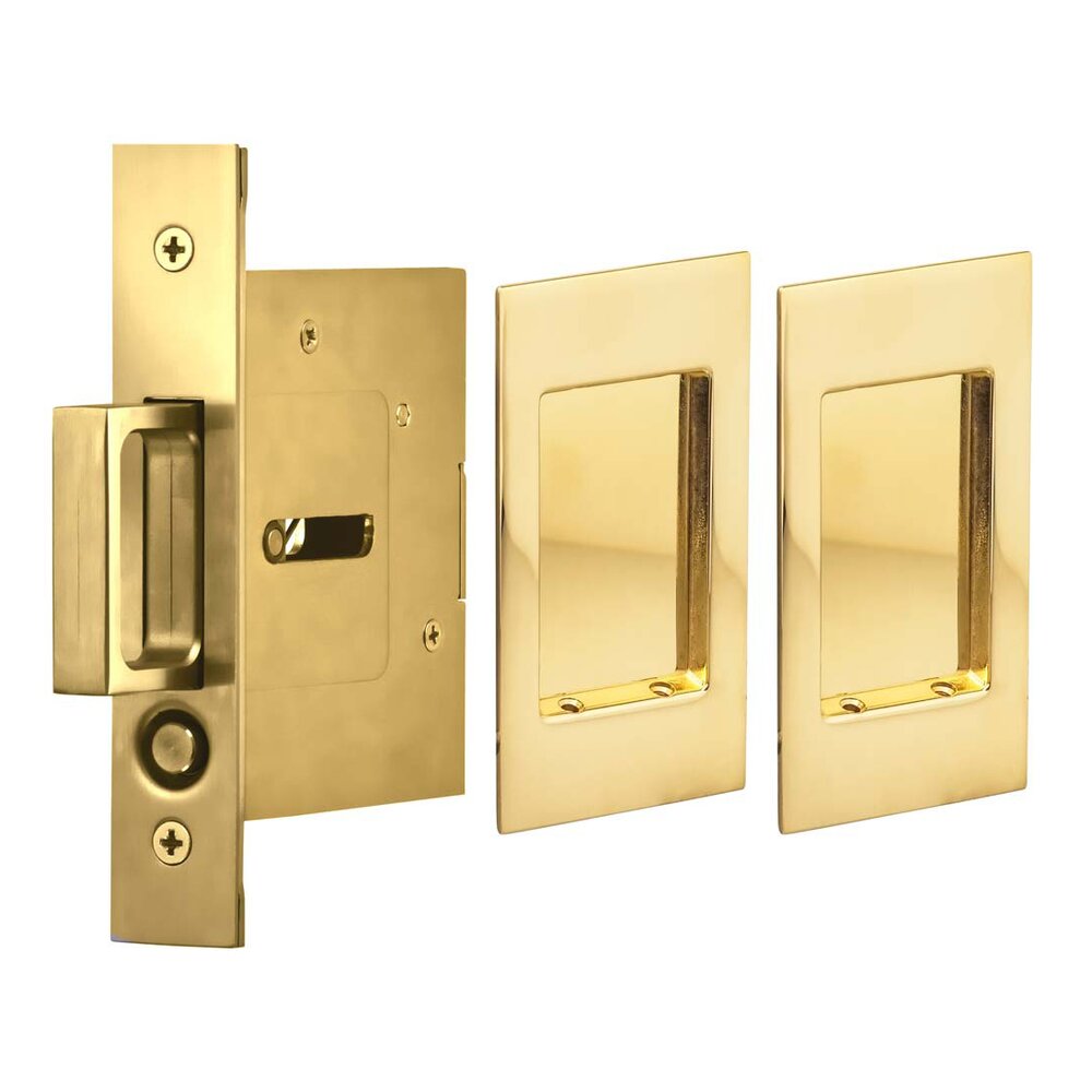 Small Modern Rectangle Passage Pocket Door Mortise Hardware in Polished Brass Lacquered