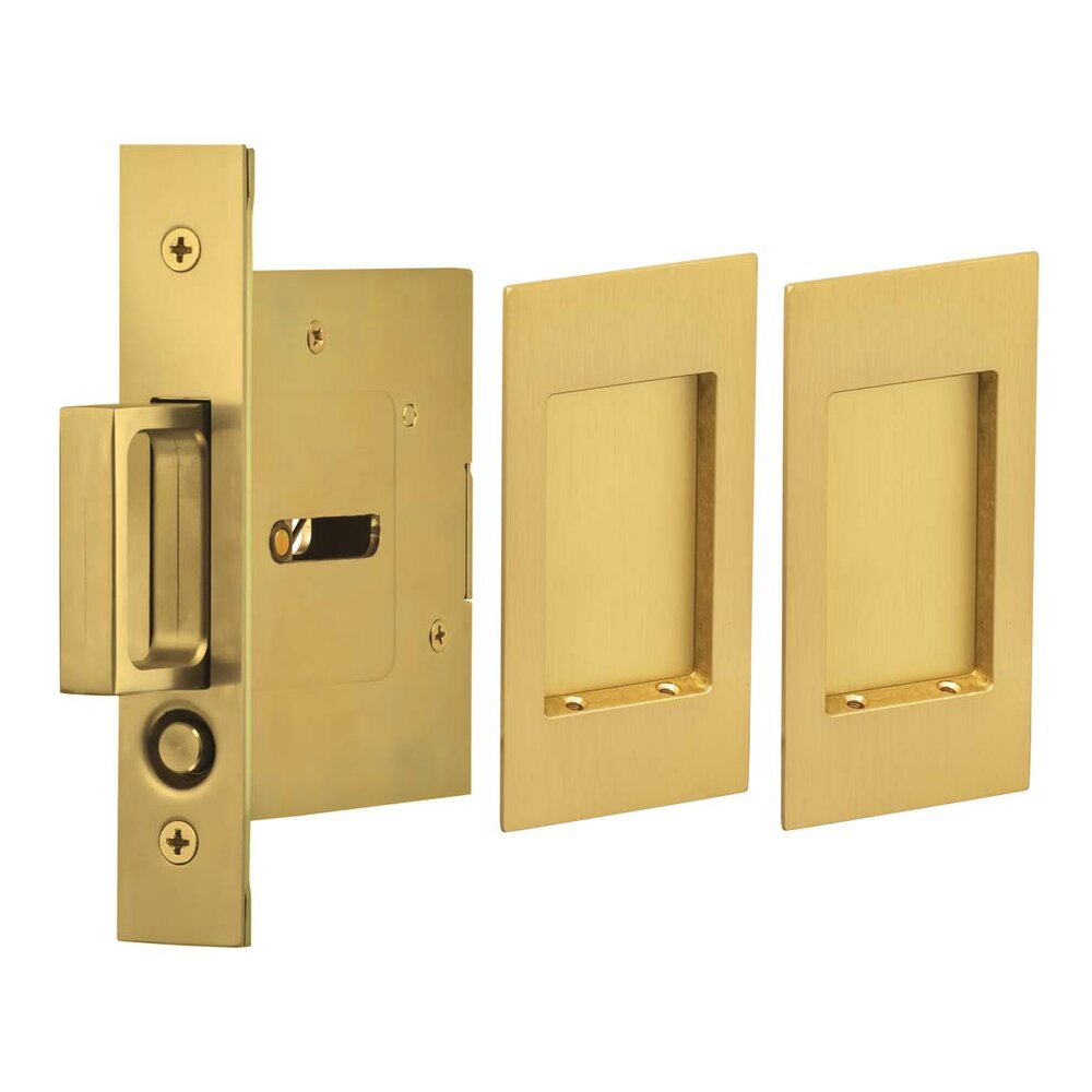 Small Modern Rectangle Passage Pocket Door Mortise Hardware in Satin Brass Lacquered