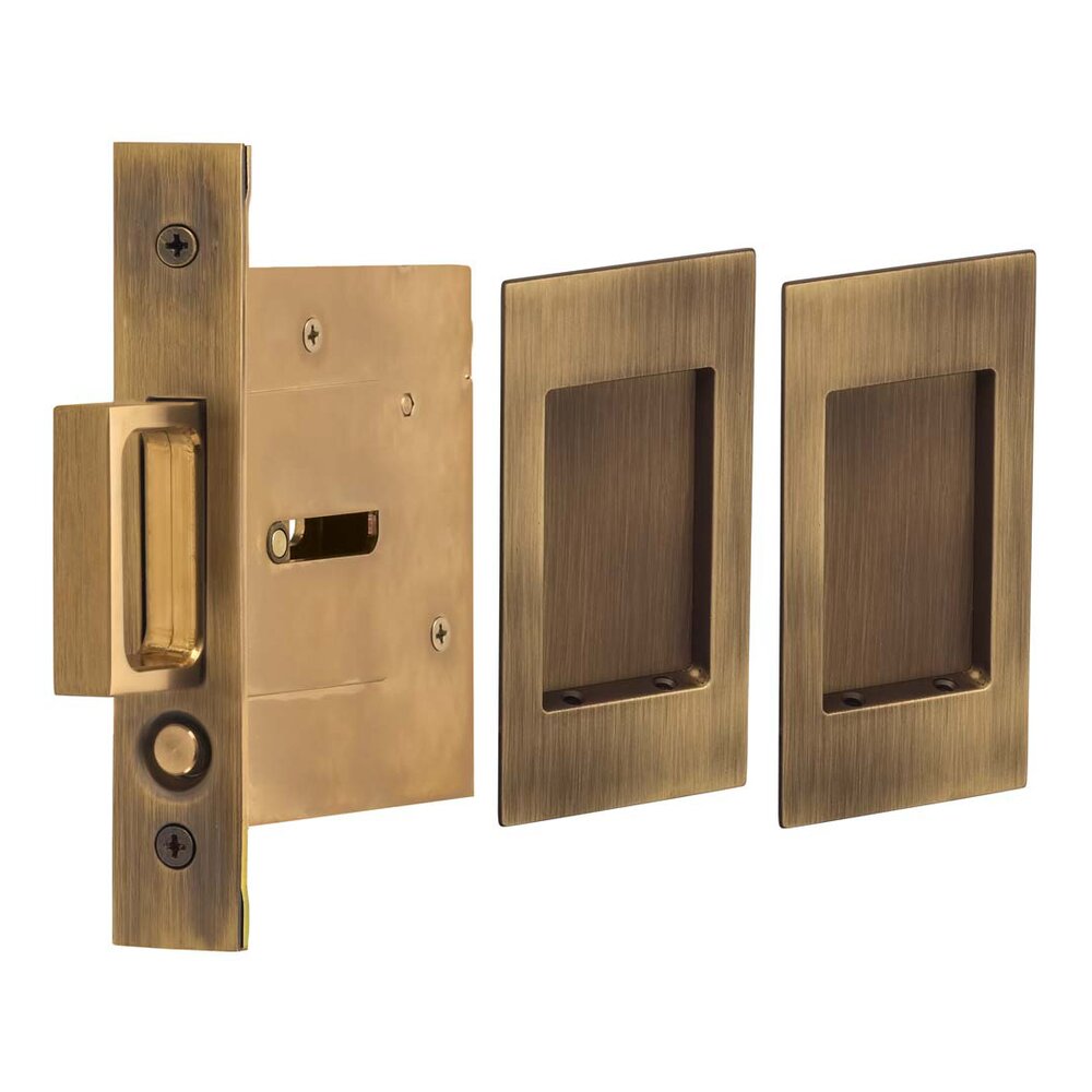 Small Modern Rectangle Passage Pocket Door Mortise Hardware in Antique Brass Lacquered